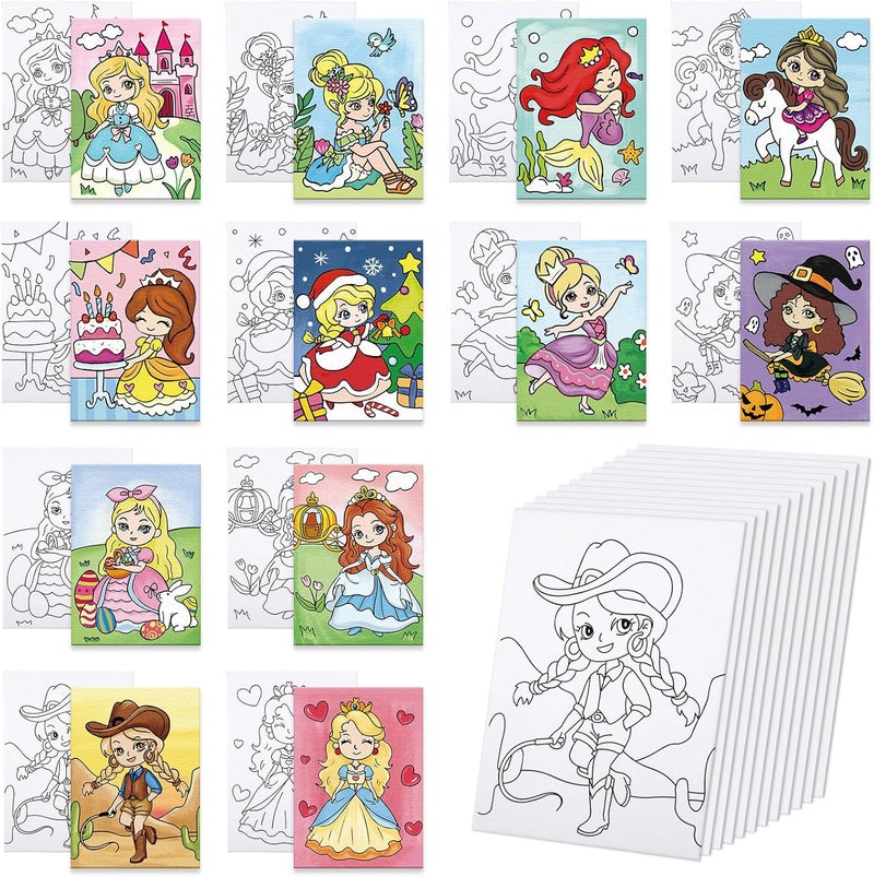 Anseal 12 Packs Princess Pre Drawn Canvas to Paint, 5" X 7" Pre Printed Canvas for Kids Outline Painting Boards for Beginners, Students, Party Favor - Image 1